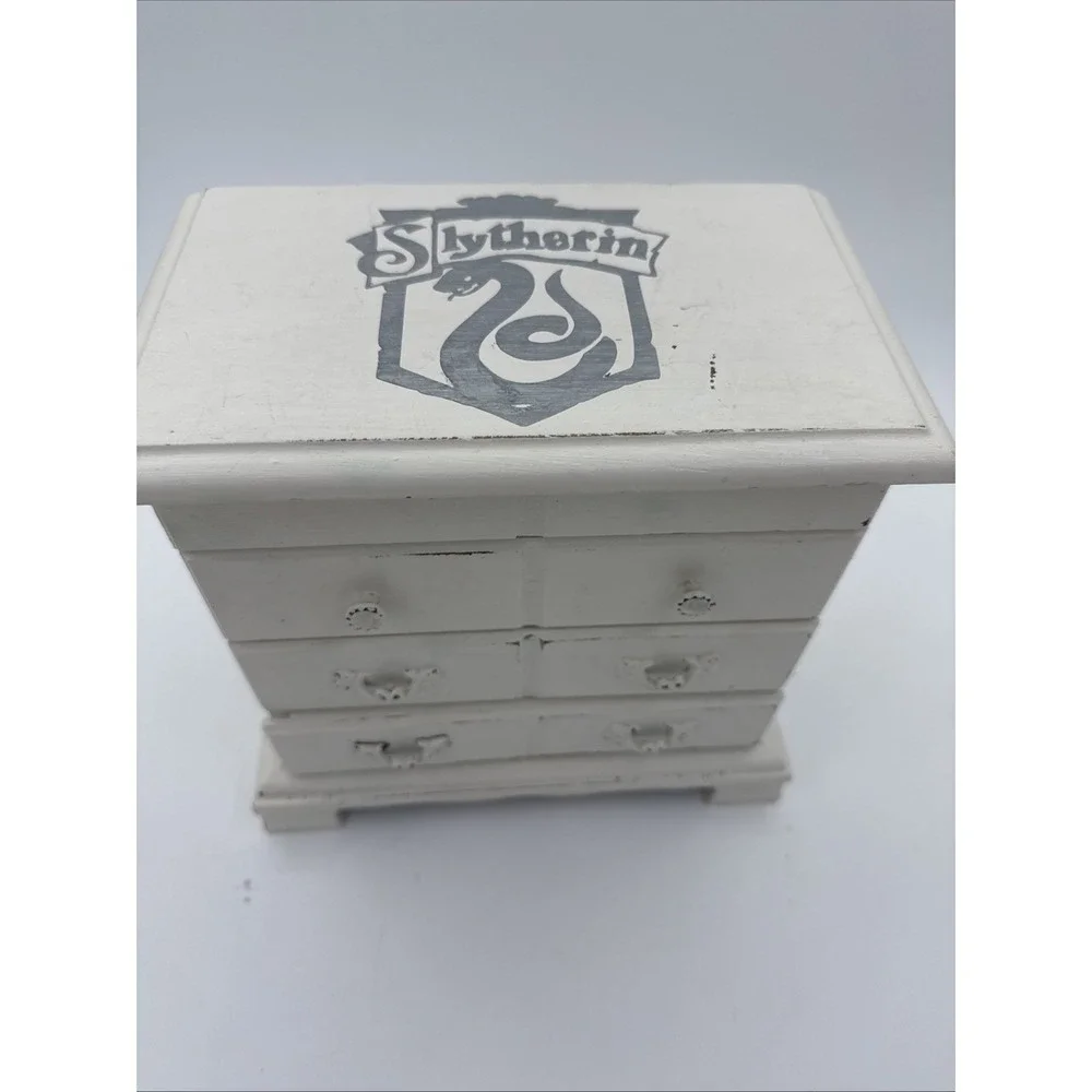 Vintage Musical Jewelry Box Chalk Painted White W Slytherin Decals Harry Potter